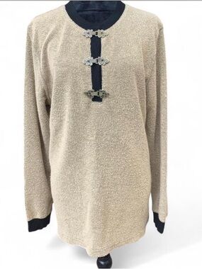 Vintage Eclectic Boho Tan Tunic Sweater with Black Accents and Decorative Clasps